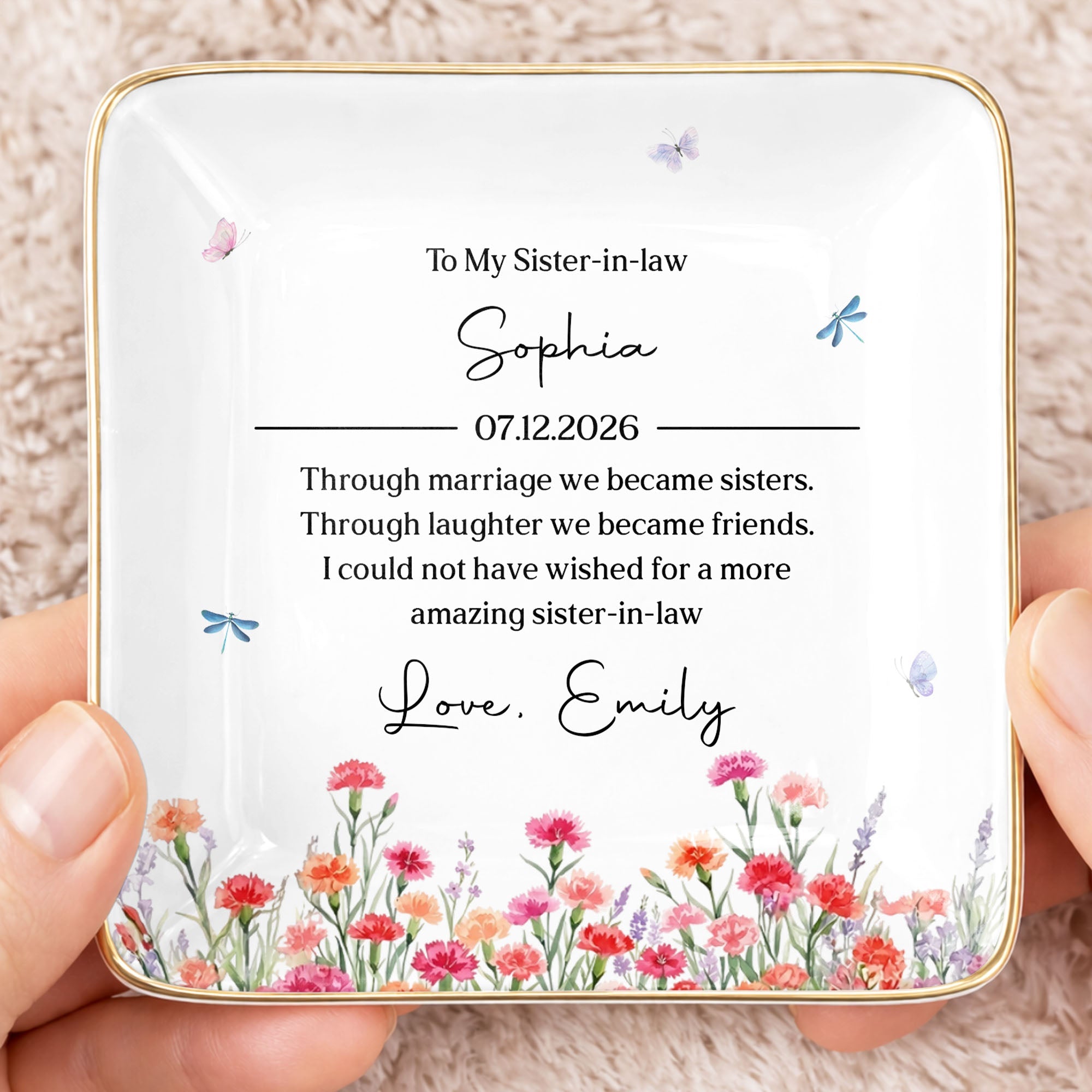 To My Sister In Law Through Marriage Flowers And Butterflies - Personalized Custom Jewelry Dish, Ceramic Dish, Square Shape - SIS049_SCRF