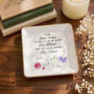 Sister In Law By Heart Birth Month Flowers - Personalized Custom Jewelry Dish, Square Ceramic Dish - SIS058_SCRD