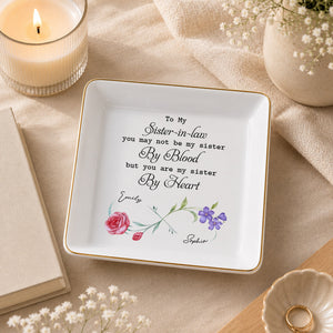 Sister In Law By Heart Birth Month Flowers - Personalized Custom Jewelry Dish, Square Ceramic Dish - SIS058_SCRD