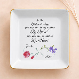 Sister In Law By Heart Birth Month Flowers - Personalized Custom Jewelry Dish, Square Ceramic Dish - SIS058_SCRD
