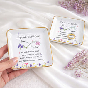Big Sister Little Sister Infinity Wildflowers And Butterflies Ceramic Jewelry Tray - Personalized Custom Jewelry Dish, Ceramic Dish, Square Shape - SIS064_SCRF