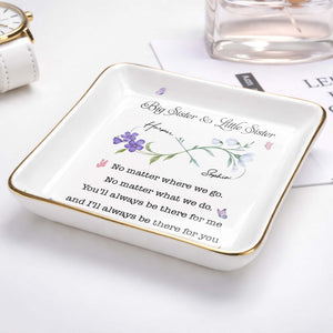Big Sister Little Sister Infinity Wildflowers And Butterflies Ceramic Jewelry Tray - Personalized Custom Jewelry Dish, Ceramic Dish, Square Shape - SIS064_SCRF