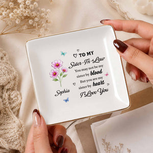 To My Sister In Law Sister By Heart Birth Month Flowers - Personalized Custom Jewelry Dish, Square Ceramic Dish - SIS080_SCRD