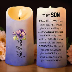 Gift From Heaven Quote With Pansy Flower Design - Personalized Custom LED Candle - SON017_LECA