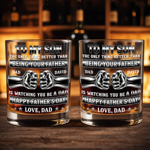 To My Son Better Than Being Your Father Fist Bump Design - Personalized Custom Whiskey Glass - SON143_RWG