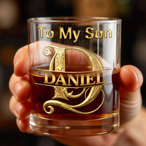 To My Son Custom Golden Alphabet Art Split Monogram - Personalized Custom Whiskey Glass - SON151_RWG