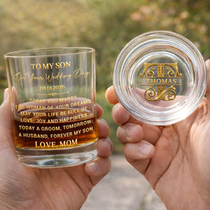 To My Son On Your Wedding Day With 3D Golden Monogram - Personalized Whiskey Glass - SON152_PRIWI