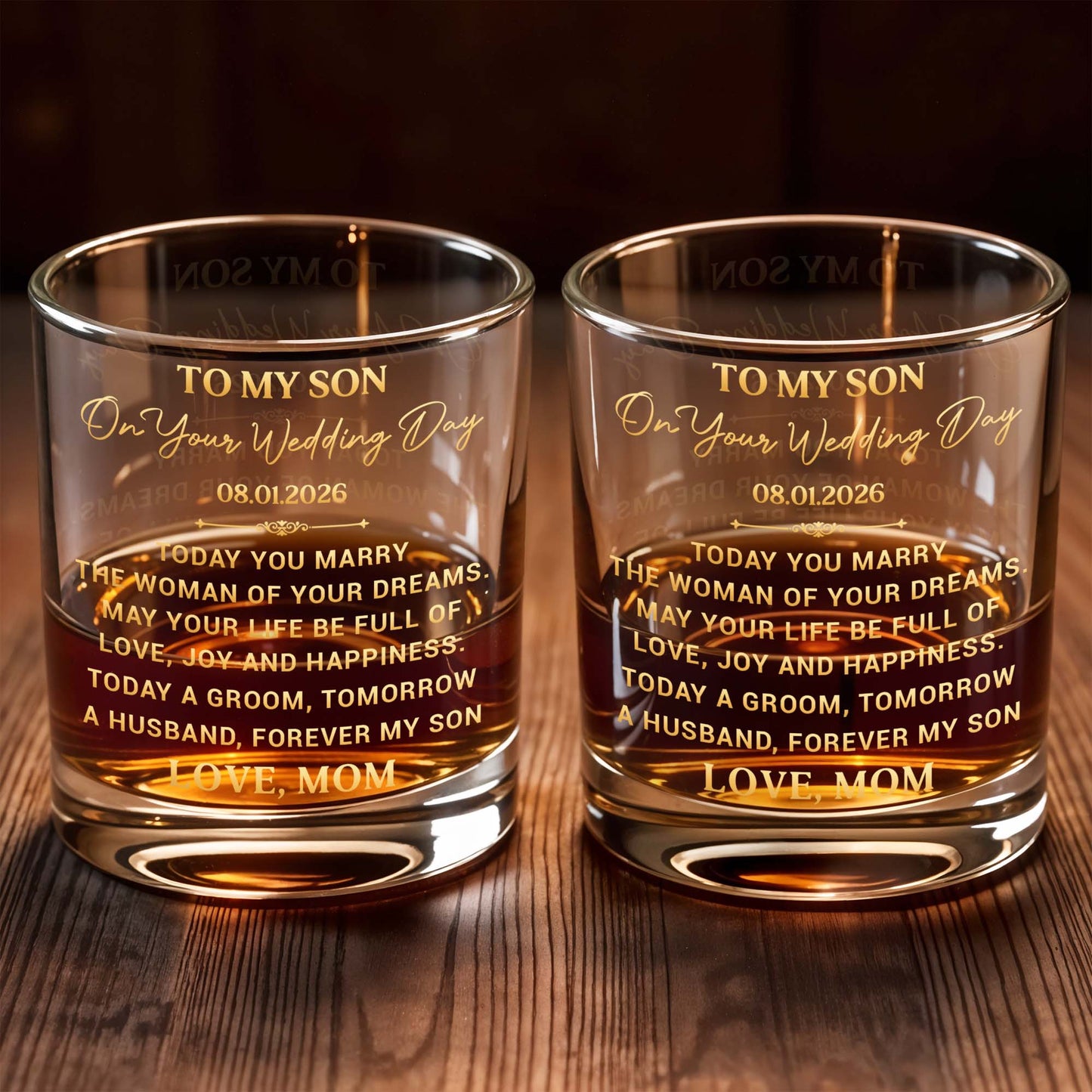 To My Son On Your Wedding Day Today A Groom Personalized Golden Design - Personalized Custom Whiskey Glass - SON152_RWG