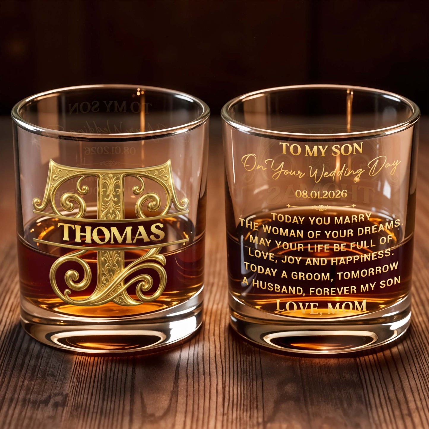 To My Son On Your Wedding Day Custom Monogram Initial - Personalized Custom Whiskey Glass - SON185_RWG