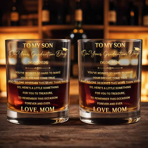 To My Son On Graduation Day With Graduation Cap And Dreams Quote - Personalized Custom Whiskey Glass - SON193_RWG