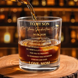 To My Son On Graduation Day With Graduation Cap And Dreams Quote - Personalized Custom Whiskey Glass - SON193_RWG