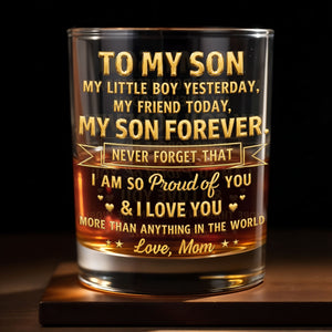To My Son My Little Boy Yesterday Personalized Gold Hearts Stars - Personalized Custom Whiskey Glass - SON205_RWG