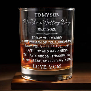 To My Son On Your Wedding Day Engraved Scrollwork Whiskey Glass - Personalized Custom Whiskey Glass - SON231_RWG