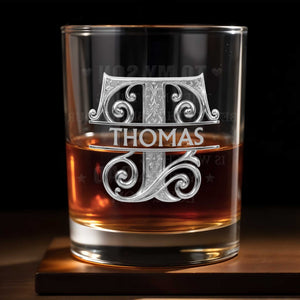Sophisticated Monogram Spirit Design With Custom Initial And Filigree Details - Personalized Custom Whiskey Glass - SON232_RWG