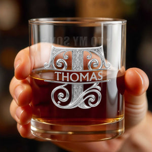 Sophisticated Monogram Spirit Design With Custom Initial And Filigree Details - Personalized Custom Whiskey Glass - SON232_RWG