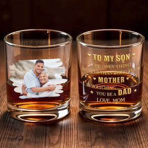 To My Son Custom Photo Glass With Hearts - Personalized Custom Whiskey Glass - SON233_RWG