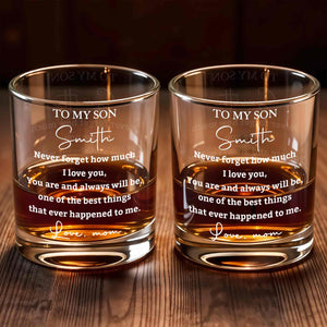 To My Son Never Forget How Much I Love You Heart Custom Name - Personalized Custom Whiskey Glass - SON239_RWG