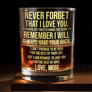 Never Forget That I Love You Custom Golden Alphabet Art Love Mom - Personalized Custom Whiskey Glass - SON246_RWG