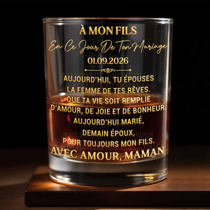 À Mon Fils Wedding Message With Golden Lettering - Personalized Custom Whiskey Glass - SON266_RWG