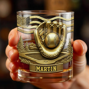 Baseball Glove And Scenic Mountains Whiskey Glass - Personalized Custom Whiskey Glass - SPORT068_RWG