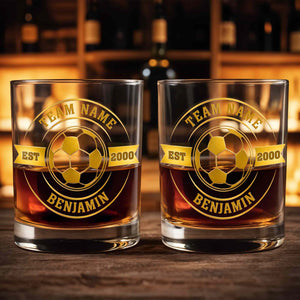 Team Name Est Soccer Ball With Custom Name And 3D Golden Crest - Personalized Custom Whiskey Glass - SPORT113_RWG