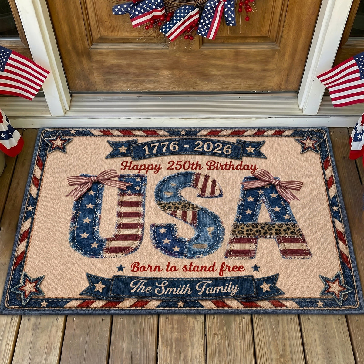USA 250th Birthday Faux Denim Pattern - Personalized Doormat