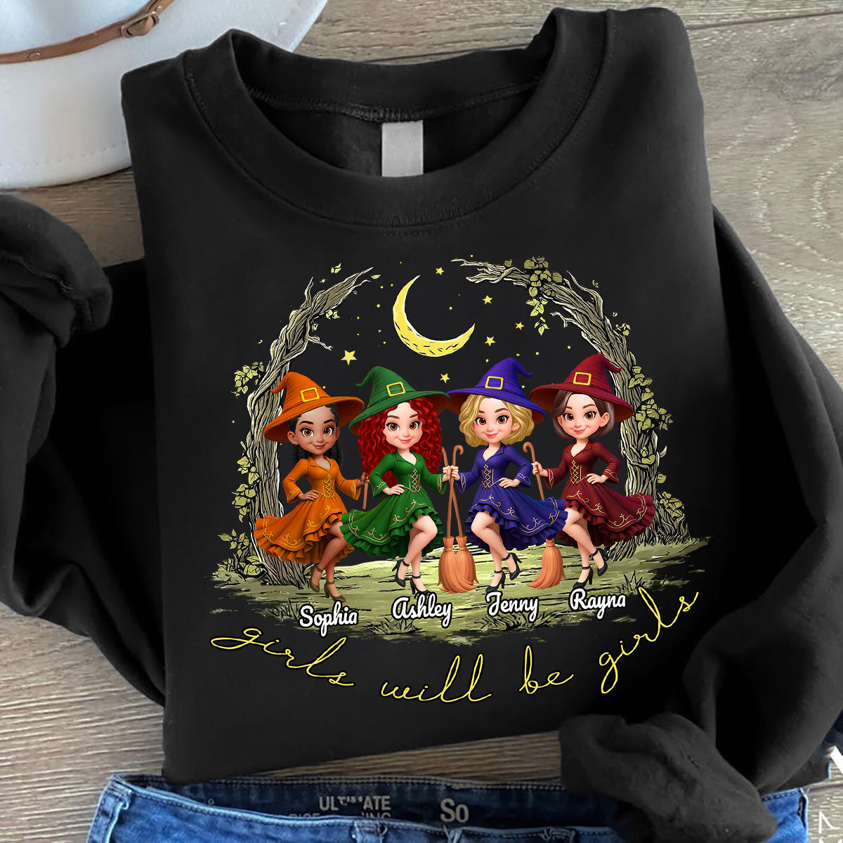 Halloween Witch Besties Sisters Friends Under Moon - Personalized Shirt