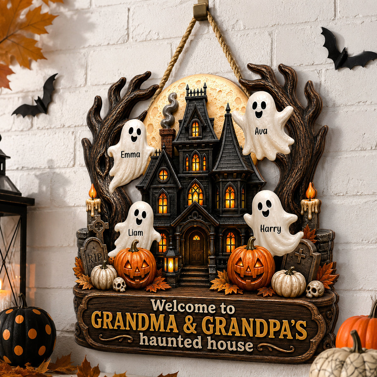 Grandma Grandpa's Halloween Haunted House - Personalized Door Sign - Halloween Decor For Grandparents