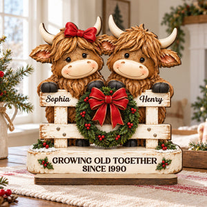 Happy Highland Cows Couple Christmas Fence personalized wooden plaque