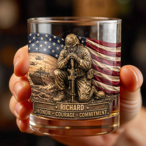 Honor Courage Commitment Metallic Soldier With American Flag - Personalized Custom Whiskey Glass - VTR013_RWG