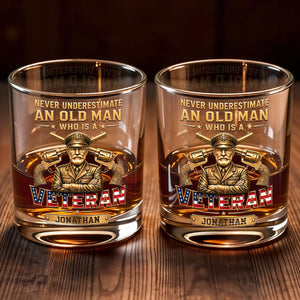 Never Underestimate An Old Man Who Is A Veteran With Golden Army Design - Personalized Custom Whiskey Glass - VTR014_RWG