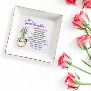 To My Granddaughter On Your Wedding Day, Flowers And Butterflies - Personalized Custom Jewelry Dish, Square Ceramic Dish - WEDD003_SCRD