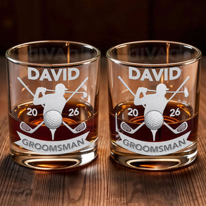 Groomsman Personalized Golf Clubs And Golfer Silhouette - Personalized Custom Whiskey Glass - WEDD022_RWG