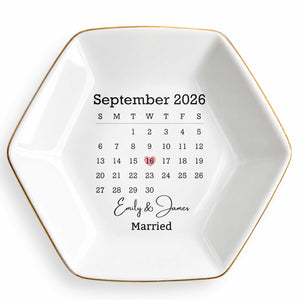 Married Custom Calendar And Heart Save The Date - Personalized Custom Jewelry Dish, Ceramic Dish, Hexagonal Shape - WEDD023_HECRD