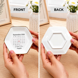 Married Custom Calendar And Heart Save The Date - Personalized Custom Jewelry Dish, Ceramic Dish, Hexagonal Shape - WEDD023_HECRD
