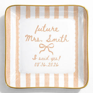 Future Mrs I Said Yes With Ribbon Bow And Blue Stripes - Personalized Custom Jewelry Dish, Ceramic Dish, Square Shape - WEDD040_SCRF