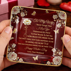To My Wife Never Forget That I Love You Birth Month Flowers Butterfly - Personalized Custom Jewelry Dish, Ceramic Dish, Square Shape - WIF071_SCRF