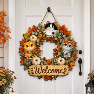 Fall Pumpkin Wreath Cats personalized door sign