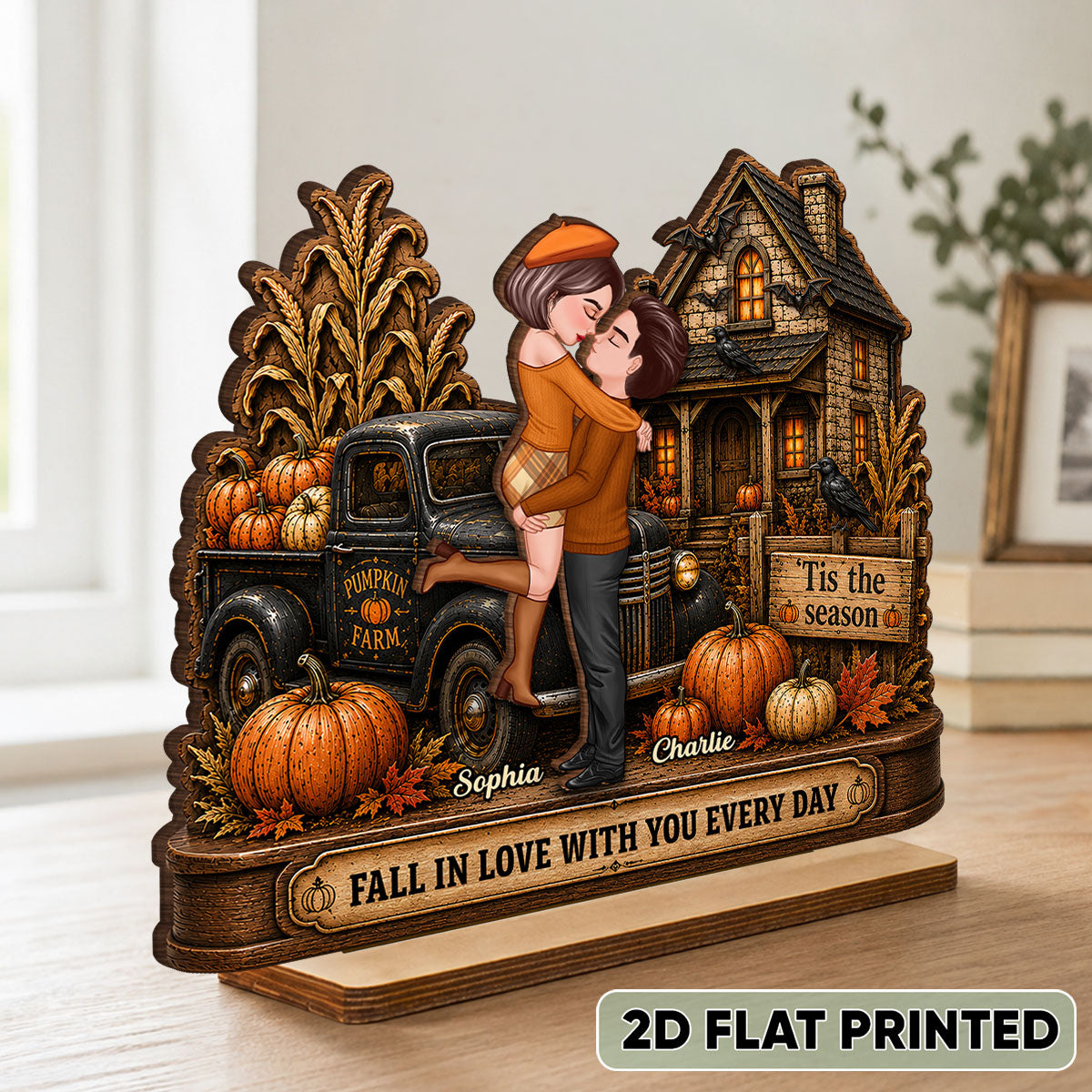 Fall In Love With You Couple Fall Season - Personalized 2-Layer Standing Wooden Plaque - Gift For Wife, Husband