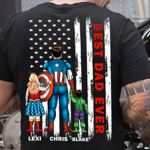Best Dad Ever personalized shirt with hero dad and kids on American flag
