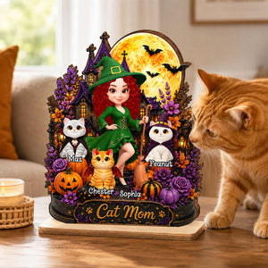 Cat Mom Witch Haunted House Moon Personalized Wooden Plaque