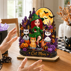 Cat Mom Witch Haunted House Moon - Personalized 2-Layered Wooden Plaque - Gift For Mom