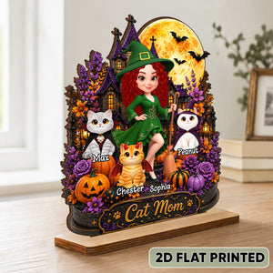Cat Mom Witch Haunted House Moon - Personalized 2-Layered Wooden Plaque - Gift For Mom