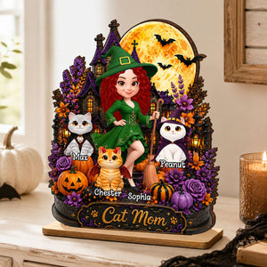 Cat Mom Witch Haunted House Moon - Personalized 2-Layered Wooden Plaque - Gift For Mom