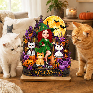 Cat Mom Witch Haunted House Moon - Personalized 2-Layered Wooden Plaque - Gift For Mom