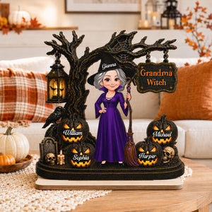 Grandma Witch With Grandkids Jack-O’-Lanterns - Personalized Wooden Plaque - Spooky Halloween Gift For Grandma