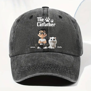Cool Cat Father Personalized Vintage Washed Denim Cap - Black