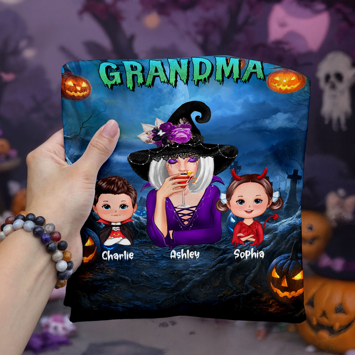 Cool Grandma Witch & Kids In Halloween Night - Personalized All-Over Print Shirt - Gift For Grandma, Kids