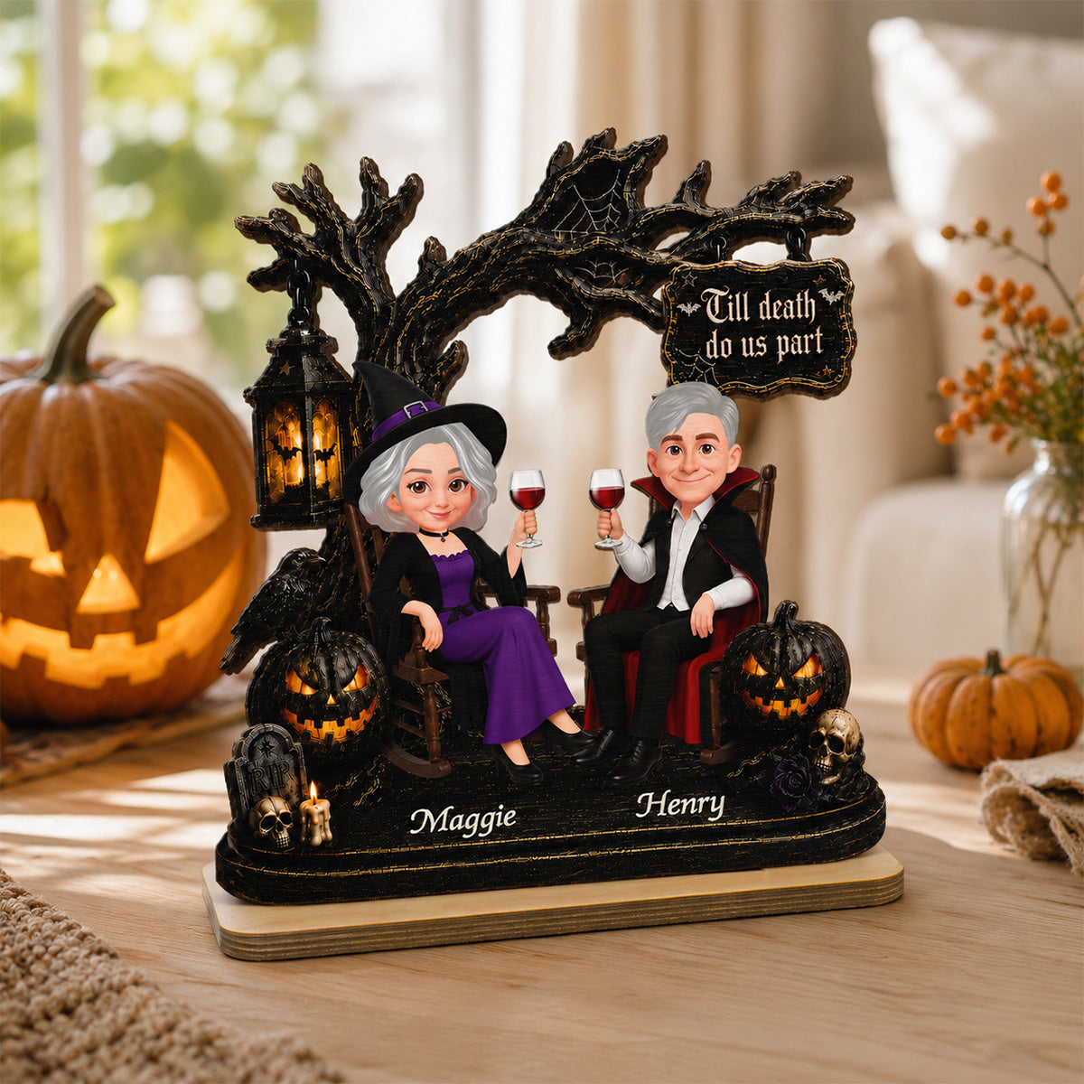 Couple Sitting Under Spooky Halloween Tree 2D Flat - Personalized 2-Layer Wooden Plaque - Tabletop Tier Tray Wicca Pagan Decor - Gift For Wife