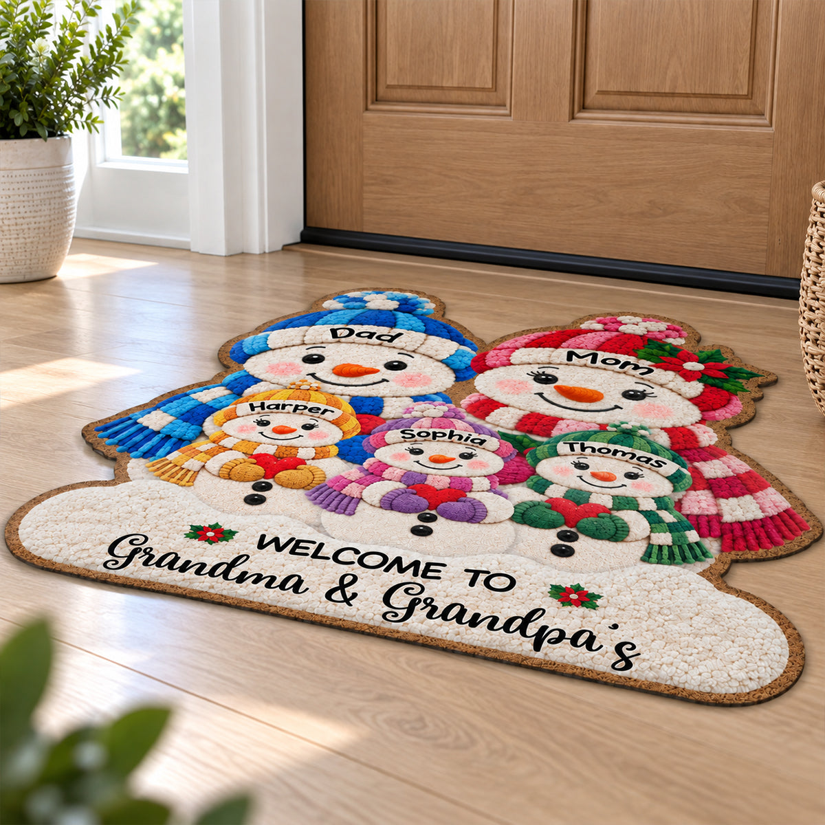 Cute Snowman Grandparents & Grandkids 2D Flat Printed - Personalized Doormat - Christmas Gift For Grandma, Grandpa